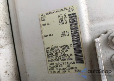 2012 Nissan Altima 3.5 Sr z USA, uszkodzony, nr VIN 1N4BL2AP3CC134050